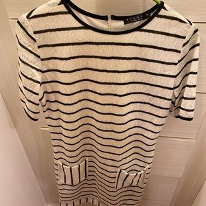 White lace short-sleeve dress with black stripes